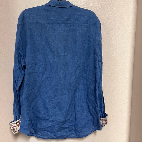 ROBERT GRAHAM 100% Linen Shirt Sz XL Blue w/ Floral Flip Cuff Exquisite EUC - Picture 5 of 5
